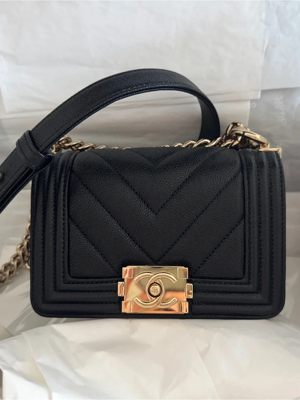 Chanel Black Mini Boy Bag Chevron Quilted Caviar Leather - Light Gold Chain